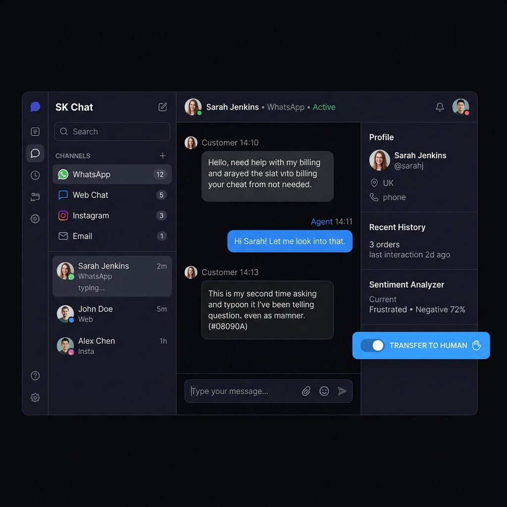 SK Chat Shared Inbox showing WhatsApp thread, sentiment analysis sidebar, and human handoff toggle