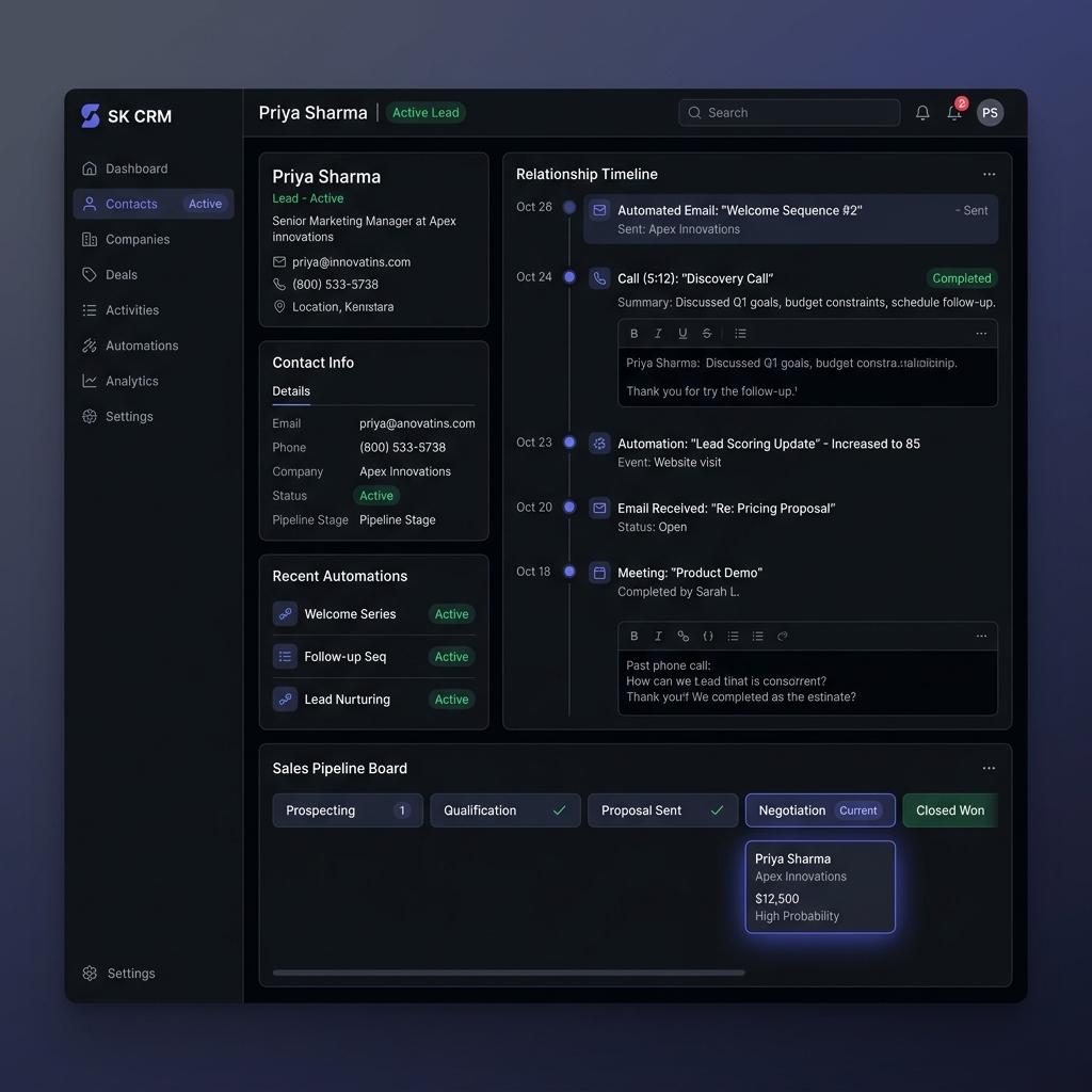 SK CRM Dashboard showing Priya Sharma timeline, automated sequences, and pipeline board